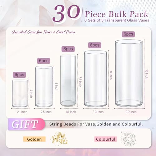 30pcs Glass Vase Cylinder Vases for Centerpieces Small Flower Glass Vases Home Decor Centerpiece Table Clear Flower Vase Decorations for Wedding＆Holiday 4,6,7.5,8,10 Inch Tall - size: 30Pack-4+6+7.5+8+10Inches