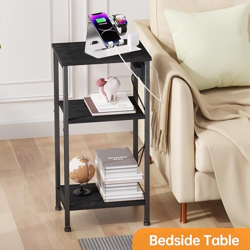 Asgolion Tall Nightstand with Charging Station, 3 Tier Narrow Tall End Table with Storage, Slim Side Table with USB Ports and Outlets for Bedroom, Living Room, Office, Black - color: Black, style: With Outlet