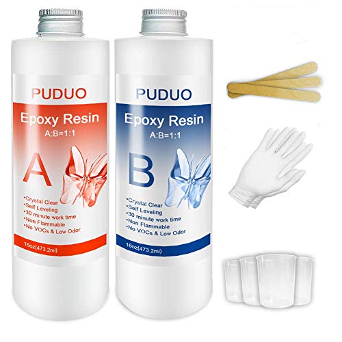Epoxy Resin Casting and Coating Kit for Art, Jewelry, Crafts - 32 Oz | Bonus 4 pcs Graduated Cups, 3pcs Sticks, 1 Pair Rubber Gloves by Puduo - size: 32OZ