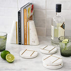 Main + Mesa Geometric Marble Bookends with Brass Inlay, White - color: White