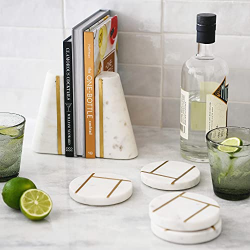 Main + Mesa Geometric Marble Bookends with Brass Inlay, White - color: White