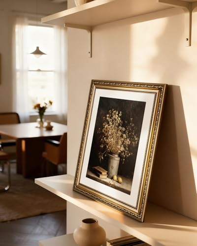 InSimSea Gold Picture Framed Wall Art, Living Room Vintage Dried Flowers Vase Wall Decor, Dark Moody Still Life Canvas Print Art, Home Farmhouse Decor, Antique Paintings with Frame 13x16inch - color: Gypsophila, size: 16"L x 13"W
