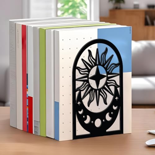 WADORN Moon Sun Metal Bookends for Shelves Decorative 1 Pair, Heavy Duty Books End Support Non-Skid Book Holders Black L-Shaped Book Stopper for Home Office Desk Books Divider, 4.7x3.5x7 Inch - color: Moon Phases