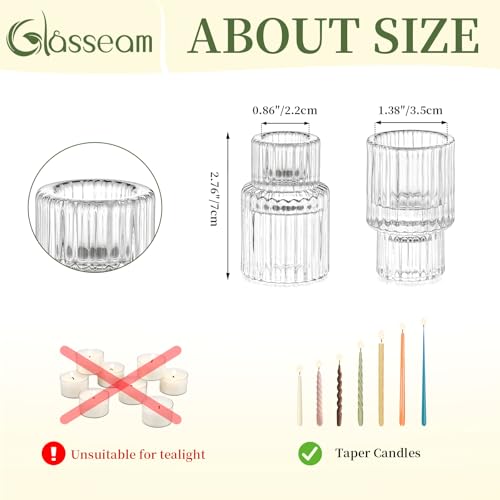Glass Candlestick Taper Candle Holder: Glasseam Set of 2 Small Candle Holders for Candlesticks, Modern Crystal Clear Tapered Candle Stick Holder for Wedding Dining Table Centerpiece Christmas Decor - color: Clear