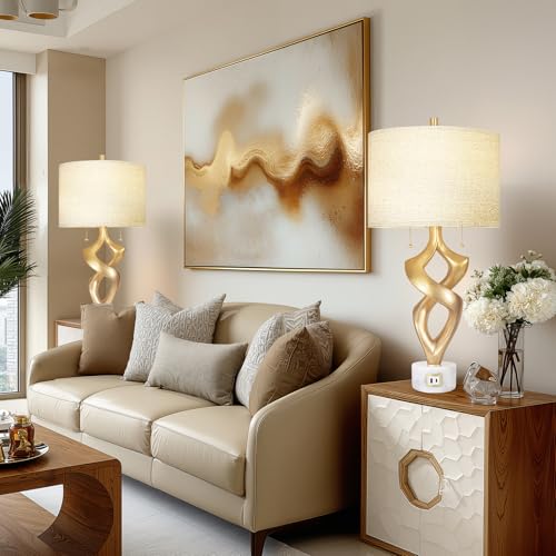 Scenekoy Sculptural Resin Table Lamp Set of 2 with USB Ports for Bedroom Living Room, 31” Big Gold Leaf Marble Base Bedside Lamps, Pull Chains Switch Modern Nightstand Lamp for Home Room Decor - size: 31 inches Gold Leaf -028-SL