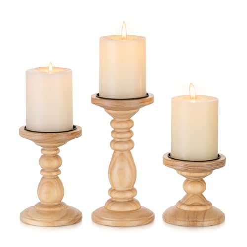 Wood Pillar Candle Holder: Rustic Wooden Candle Stand Farmhouse Fall Decor Distressed Brown Centerpieces for Tables Mantel Dining Living Room Christmas Set of 3 - color: Brown, size: 3.94", 5.9", 7.87"