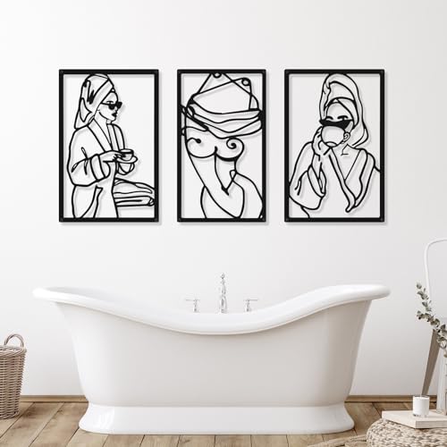 CHENGU 3 Pieces Metal Minimalist Abstract Woman Wall Art Line Drawing Wall Art Decor Single Line Female Home Hanging for Kitchen Bathroom Living Room - style: Bath Style