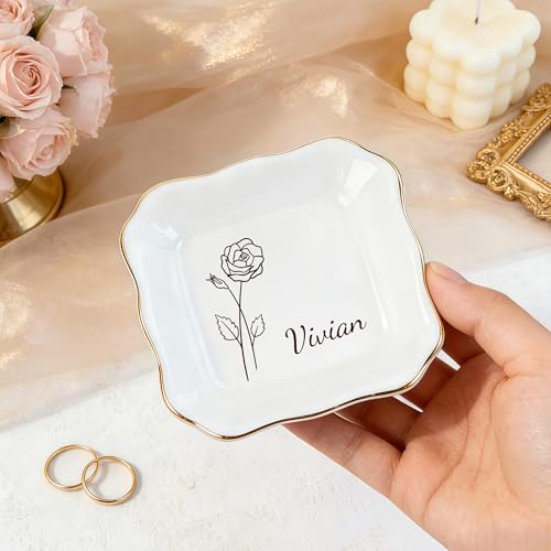 Custom Ceramic Ring Dish, Personalized Jewelry Tray with Name Birthday Flower, Earrings Necklaces Bracelet Watch Keys Trinket Holder, Mothers Day Bridesmaid Bestie Gift for Women - color: Birth Flower & Name