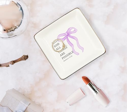 WODMIS Christian Coquette Purple Bow Ceramic Jewelry Tray Dish, Preppy Bible Verse Jewelry Plate Ring Trinket Dish, Trendy Aesthetic Ribbon Gifts for Women Bestie Best Friends 512 - color: Purple