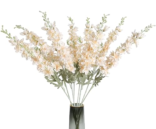 8pcs Delphinium Artificial Flowers 33.5in Long Stem Larkspur Fake Silk Flowers for Tall Vase Faux Flowers for Home Wedding Baby Shower Floral Arrangement Centerpiece Table Decoration (Champagne) - color: Champagne