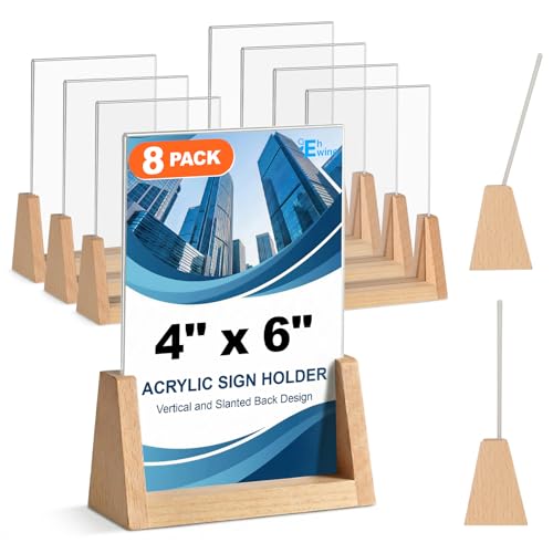 EHWINE 8 Pack 4x6 Acrylic Sign Holder with Wood Base, 2-in-1 Vertical & Slant Back Display, U-Shaped Clear Menu Holder Stand with Non-Slip Base Pads for Table, Desk, Countertop, Restaurant