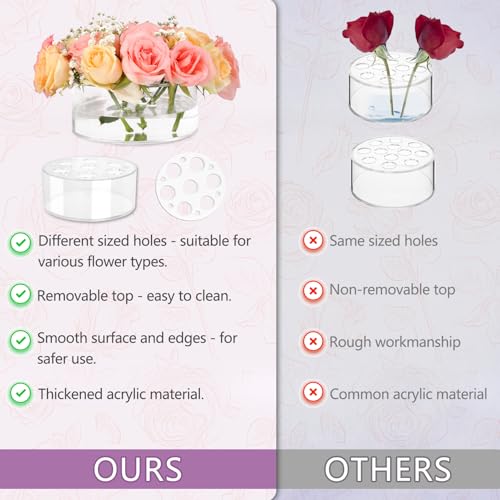 3 Pack Clear Acrylic Flower Vase Centerpiece Round 6/8/10 Inch, Wedding Circular Wide Low Floral Vases with Holes for Dinning Table Home Birthday Party Flower Arrangement