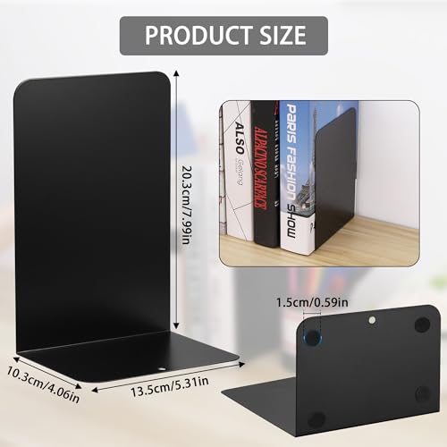 JIANTA Large Book Ends, Heavy Duty Metal Bookends, 2 Pairs/4 Pieces Book Stopper, Book Ends Support for Shelves, Black Non-Slip Bookshelf Holder Stand for Home Office Library School (8 x 5.3 x 4 in)