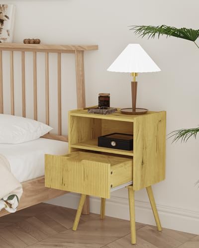 Veegle Nightstand,Modern Bedside Table with Storage Drawer and Open Wood Shelf, Accent Night Stand with Solid Wood Legs for Living Room, Bedroom and Small Spaces,Easy Assembly (Yellow Oak) - color: Yellow Oak
