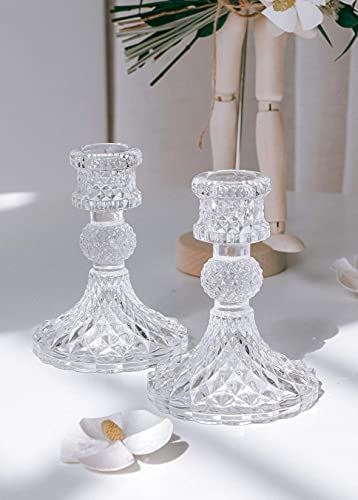 Taper Candle Holders Set of 2, Clear Glass Candlestick Holder Fit 0.8 Inch Candles, 4 Inch Tall Crystal Decorative Candle Stand Centerpiece for Table Wedding Dinning Party