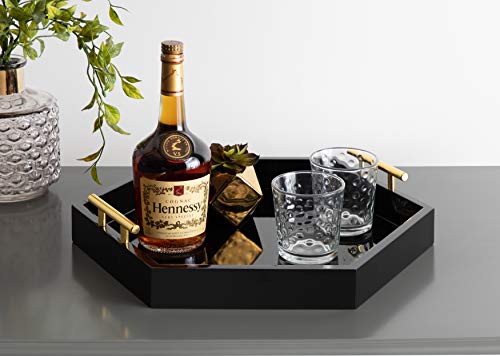 Kate and Laurel Lipton Modern Hexagon Decorative Tray, 18" x 18", Black with Gold Metal Handles - color: Black/Gold, size: 18" x 18" x 3.3"