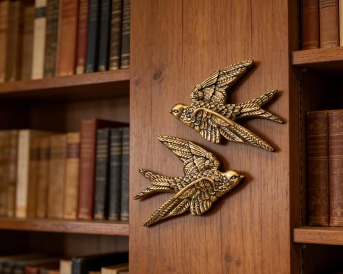 AMOIENSIS Bird Wall Sculpture Art, (Set of 2) 4¾ inch Resin Antique Gold Bird 3D Sculpted Floating Hanging Wall Sculpture Decoration - color: Antique Gold