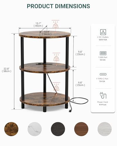 Small Round Side Table - 3-Tier Oval Accent Table for Small Spaces, Rustic Wood and Metal Nightstand for Living Room or Bedroom, with Built-in USB Ports and Power Outlet, Rustic Brown - color: Rustic Brown, size: 1-Pack, style: Includes Power Outlets