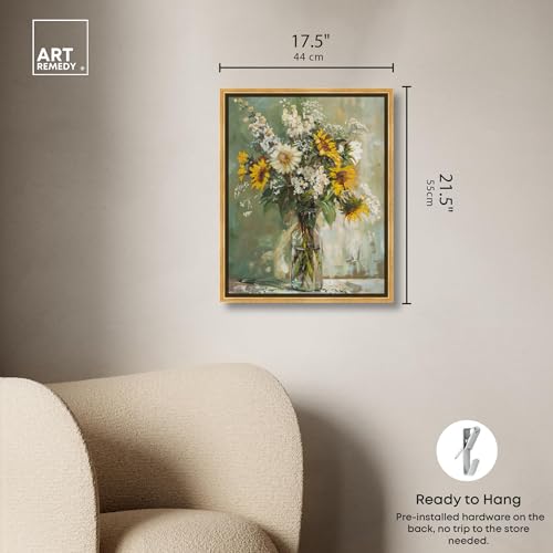 Art Remedy Sunflowers In A Glass Vase Canvas Vintage Farmhouse Wall Art, Gold Frame, 16" x 20" - color: Gold Frame, size: 21"L x 17"W