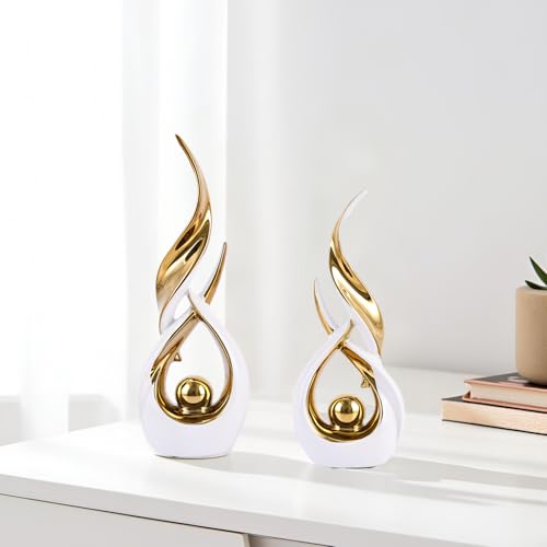 Gold Ceramic Abstract 2 Piece Statue Set,Mid Century Modern Abstract Art Home Decor Statue Mantelpiece on Unique Shelf Decor, TV Cabinet Divider Table top and Dining Table Centerpiece (White Gold) - color: White Gold