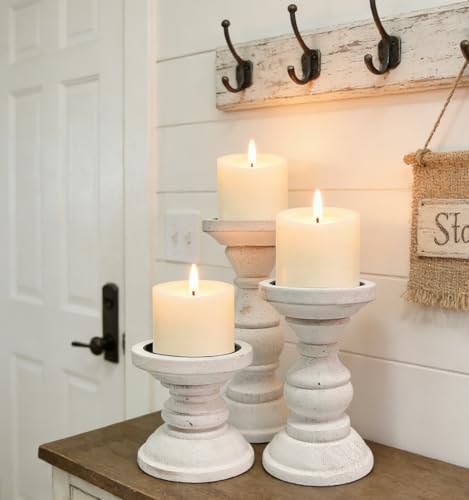 Wood Candle Holder for Pillar Candle Set of 3, Farmhouse Candle Holder Decor, Rustic Wooden Candle Stand, Vintage Tall Candle Stand Decorative for Living Room, Table Centerpiece,Rustic White - size: Set of 3
