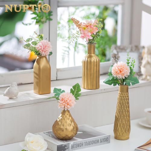 NUPTIO Gold Bud Vases for Flowers: Set of 4 Small Glass Flower Vase Bulk - Vintage Bottles for Wedding Centerpieces for Tables Decor Decorative Home Centerpiece Decorations