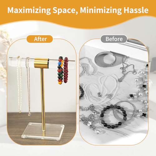 Acrylic Bracelet Holder Display Stand, Tangle-Free T-Bar Necklace Display for Vendors Retail Store Home, Clear Jewelry Organizer, Bangles Watch Holder Stands with Gold Stainless Rod - size: 1 Tier