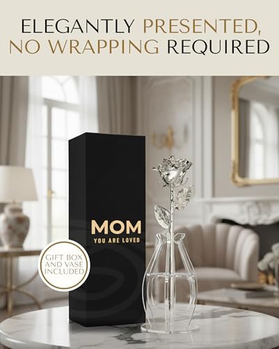 Forever Rose Bloom Box & Phantom Vase Combo, Silver Dipped Rose in a Personalized Gift Box That Says Mom You are Loved Embossed in Gold Foil, Unique & Everlasting Gift for Any Occasion - color: Silver Rose (Vase & Mom You Are Loved Box)