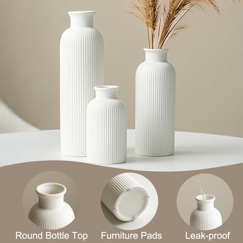 Modern Ceramic Vase Set, White Ribbed Matte Design, 3-Piece Decorative Vases for Home, Living Room, Office (White) - color: White
