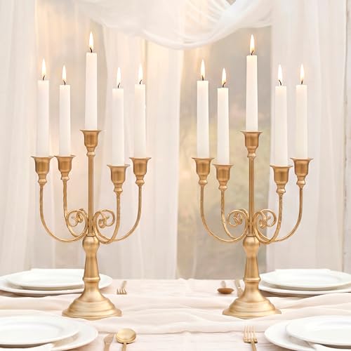 NUPTIO Gold Candelabras Candle Holder Set of 2 Metal Candelabra Centerpieces 5 Branches Candle Stick Stands Candleholder Fireplace Wedding Reception Antique Decorative Dinning Table Christmas - color: 5-arms Gold, size: 2 Pcs