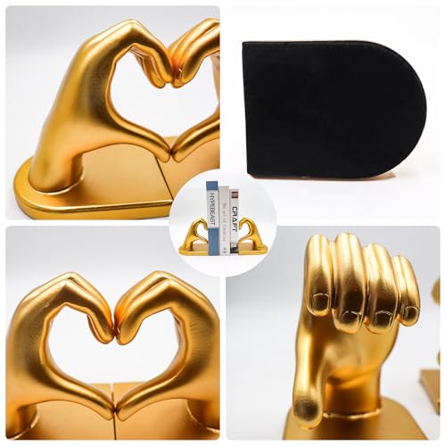Gold Heart Hands Bookends, Resin Golden Modern Abstract Love Finger Decorative Bookends for Shelves, Book Holders, Decor for Shelves Study Office Desk Bedroom Table 9.8 × 3.7 × 5.5 Inch