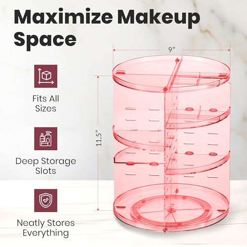 Masirs Rotating Makeup Organizer for Vanity, Large 360° Spinning Cosmetic & Skincare Organizer, Adjustable Shelf Height, Perfume Stand, Countertop Storage for Bathroom or Bedroom, Pink - color: Pink