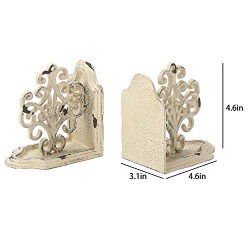 Heavy Duty Book Ends Set of 2, Medallions Decorative Bookends, Cast Iron Book Ends for Shelves, Shabby Chic White.