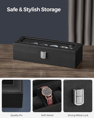 SONGMICS Watch Box, 6-Slot Watch Case Organizer with Large Glass Lid, Removable Pillows, Gift for Loved Ones, Black Synthetic Leather, Black Lining UJWB06B01 - color: Black + Black, size: 6 Slot