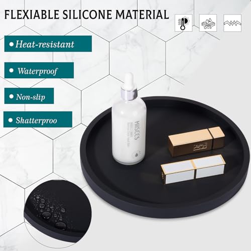 Silicone Bathroom Tray Round Vanity Tray Decorative Soap Holder Kitchen Countertop Organizer Coffee Table Decor for Candle, Perfume, Plant, 9 Inch, Black - color: Black, size: 9"