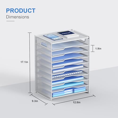 OUTWOLF 10 Tier Paper Organizer - Letter Tray Mesh Desk File Organizer with Handles for Office School Desktop, White - color: White