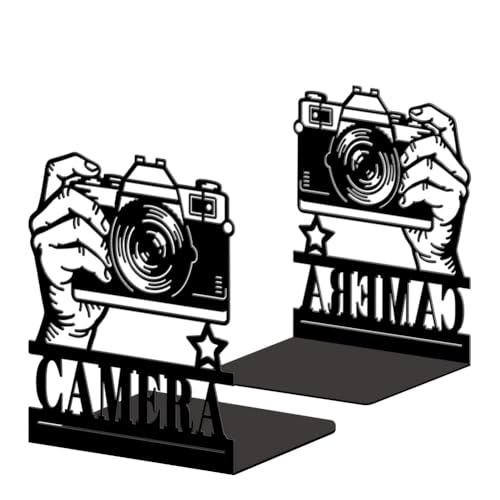 Peacoblue Metal Bookends for Shelves, Modern Decorative Heavy Duty Study Book Ends Stoppers for Office Desk Shelf, Room 5.3"x4.3"x6.3" Cast Iron Tall Bookends 1 Pair (Camera) - style: Camera