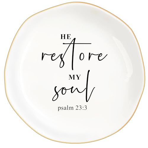 Christian Gifts for Women, Bible Verse Ceramic Jewelry Dish Trinket Ring Tray, Inspirational Floral Gift for Mom Sister Friend Birthday Christmas-Psalm 23:3 He Restores My Soul (White-23:2) - color: White-23:2