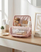 Large Standing Makeup Bag, Sturdy PU Leather Cosmetic Organizer with Fold-Down Phone Tray, Waterproof Travel Toiletry Case with Wipeable TPU Brush Holder, 9.5 Inch, Pink - color: Pink