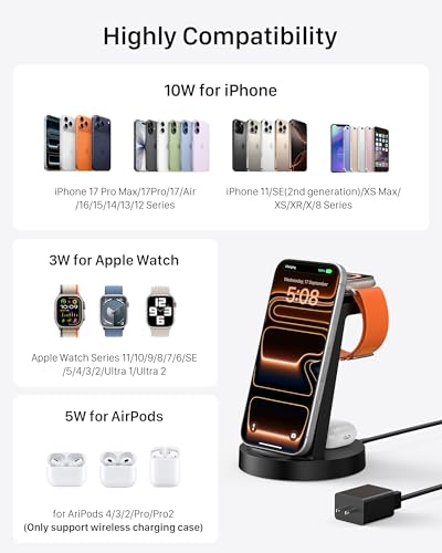 Anlmz 3 in 1 Charging Station for iPhone, Wireless Charger for iPhone 17 16e 16 15 14 13 12 11 X Pro Max & Apple Watch - Wireless Charging Station for AirPods 4 3 Pro - color: Black