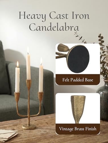 Cast Iron Gold Candelabra: 10.4 Inch Tall Vintage Taper Candle Holders 3 Arms Brass Candlestick Holders Antique Candelabra Centerpieces for Tables Fireplace Living Room Decor Set of 1