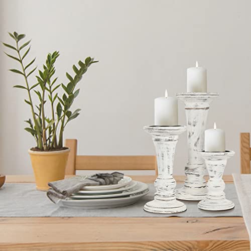 Hand Crafted Decorative Wooden Pillar Candle Holder Stand Siren Shape, Rounded Turned Colums, Country Style Ideal for Gift, Wedding, Christmas, Party, Home, Spa, 10,8,6 Inch Set of 3, Antique White - color: Antique White, size: 10,8,6 Inch Siren