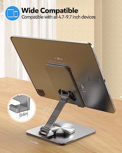 Cell Phone & Tablet Stand for Desk, Aluminum Adjustable Holder for iPhone, iPad & Smartphones || Foldable Mount with 360° Swivel, Stable Base & Portable Design for 4–9.7in Devices, Grey - color: Grey