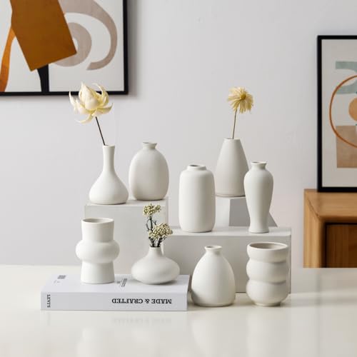 Set of 9 Ceramic Bud Vases for Pampas Grass Flowers, Small Vases in Bulk for Centerpieces Boho Vases for Wedding Decorations Neutral Living Room and Bedroom Decor DIY Gift (White) - color: White
