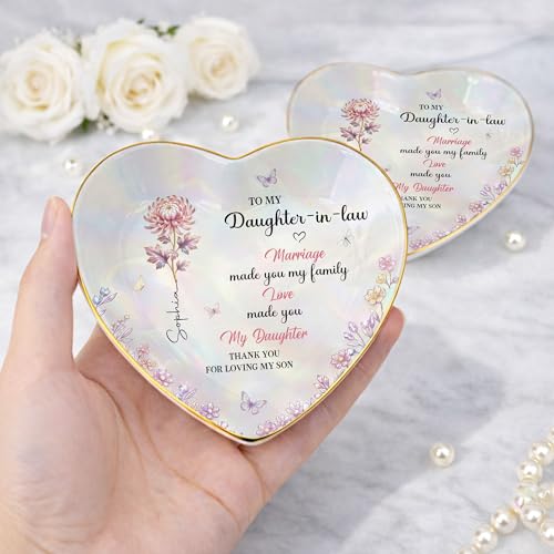 Personalized Heart Shape Jewelry Dish for Daughter-in-Law, Ceramic Trinket Tray Ring Holder With Custom Birth Flower, “Marriage Made You Family, Love Made You My Daughter” Keepsake - color: Daughter In Law 129