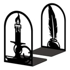 Peacoblue Metal Bookends for Shelves, Modern Decorative Heavy Duty Study Book Ends Stoppers for Office Desk Shelf Room 5.3"x4.3"x7.9" Cast Iron Simple Bookends 1 Pair (Quill Pen with Candlestick) - style: Quill Pen with Candlestick