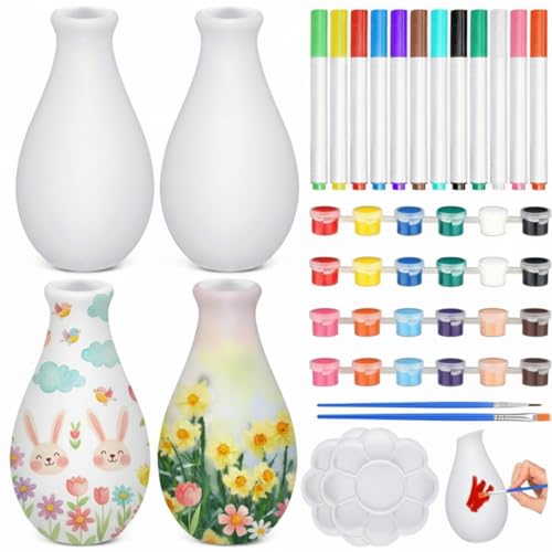 Singhoow 4 Set Mother's Day Paint Your Own Porcelain Paint Vase Art Project White Ceramic Painting Kit for Adults Porcelain Vase Decorating Kit Holiday Supplies DIY(Stylish) - color: Stylish