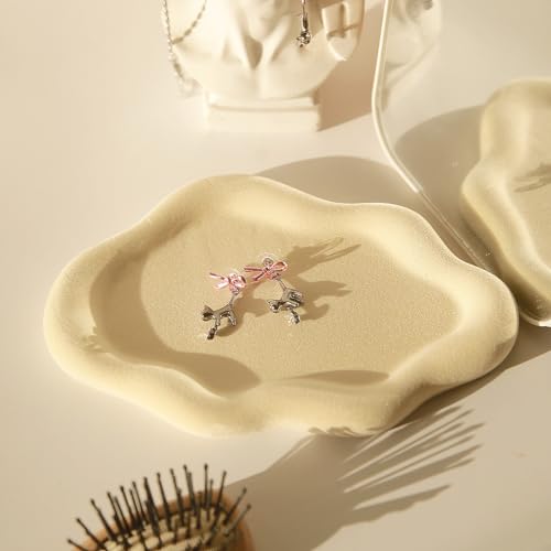 Jewelry Dish Trinket Tray for Women, Ring Dish Holder, Unique Cloud Shape Ceramic Plate Cute Things Vanity Aesthetic Room Decor Mother's Day Birthday (Flocked Custard) - color: Flocked Custard