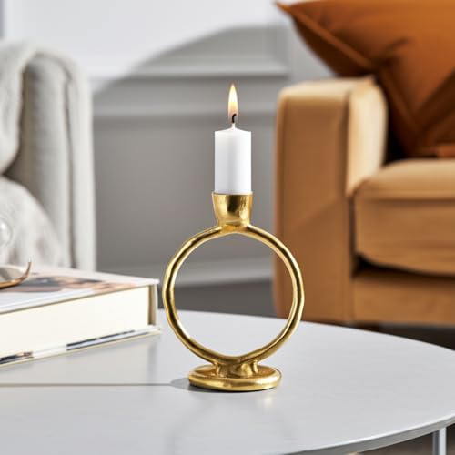 Contemporary Round Ring Metal Candle Holder for Mantel Display - Sculptural Centerpieces for Tables - Polished Taper Candlestick Holders with Open Form for Elevated Surface Accents - 7", Gold - color: Gold, size: 6.25" H