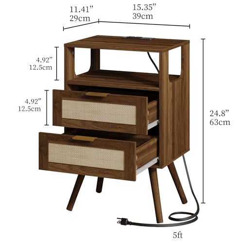 JOONEE Rattan Nightstand with Charging Station,Farmhouse Bedside Table with 2 Storage Drawer and Open Wood Shelf, for Bedroom and Small Spaces,Night Stand with Solid Wood Legs (Walnut Brown-Outlet) - color: Walnut Brown-outlet